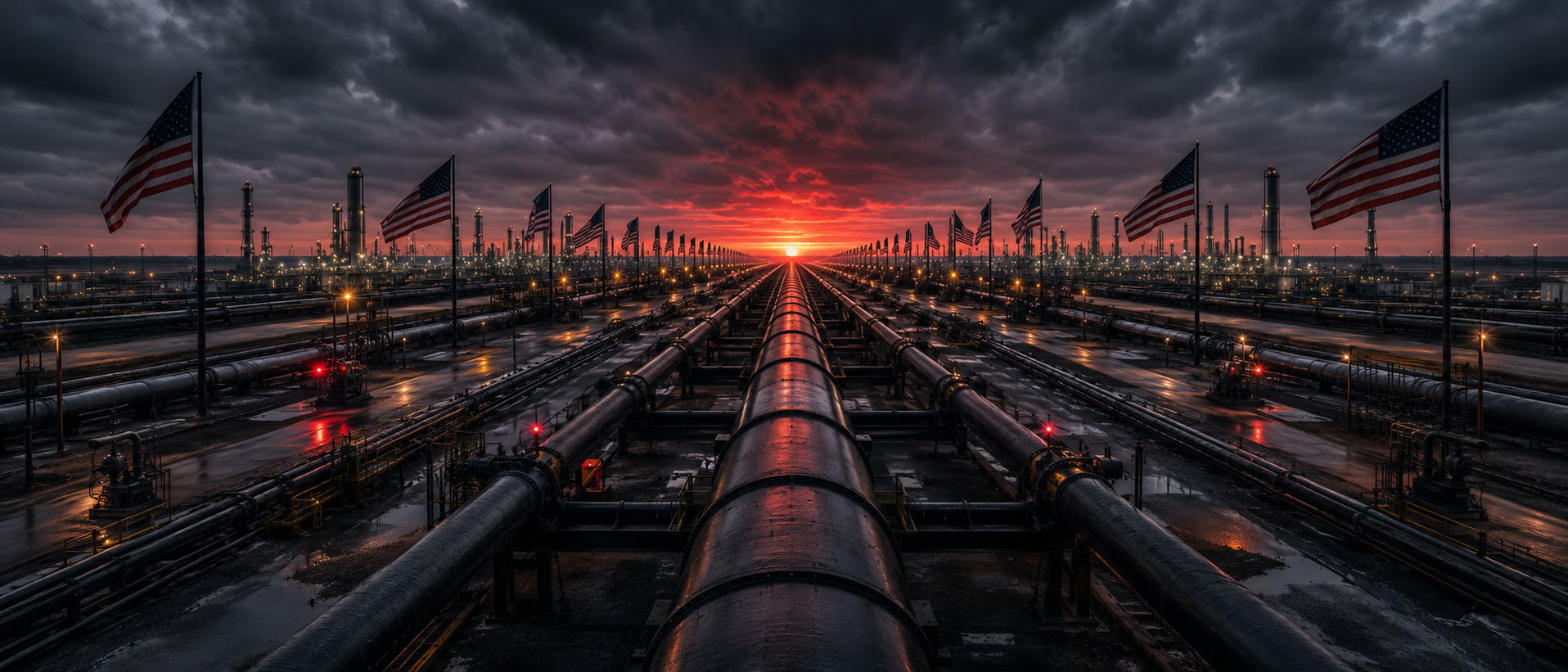 Pipeline corridor lined with American flags at dusk